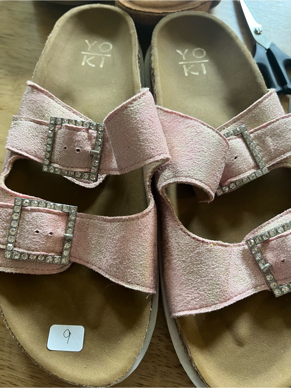 Yoki Pink Suede Rhinestone Buckle Slide Sandals